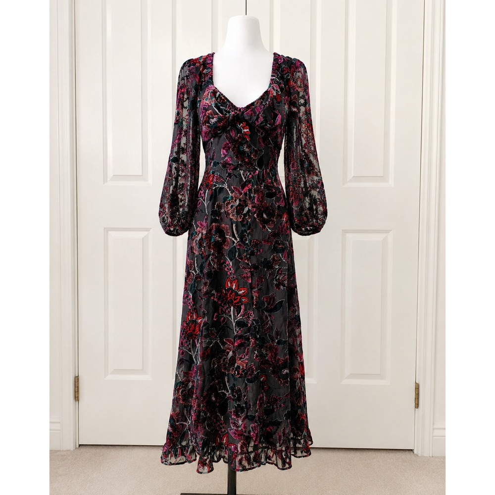 Hutch Dress Floral Burnout Velvet Midi Grey Pink Puff Sleeve Square Neck 3X